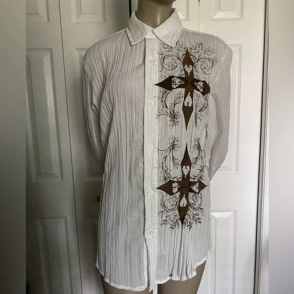 POP ICON Crinkle Long Sleeve Button front White Shirt- Embroidered Cross Sze S - Picture 9 of 12